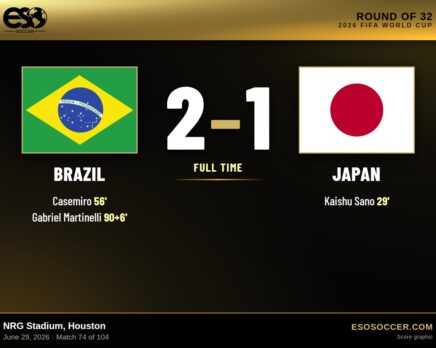 Brazil 2-1 Japan, 2026 World Cup Round of 32 score graphic