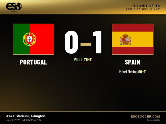 Portugal 0-1 Spain, 2026 World Cup Round of 16 score graphic