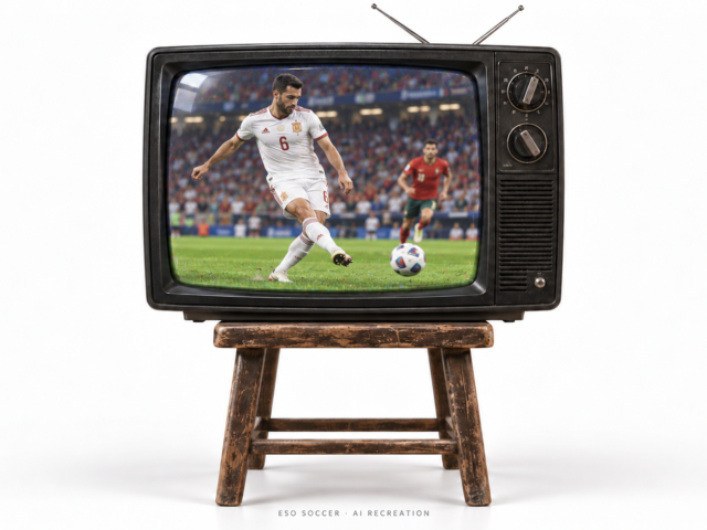 AI recreation on a vintage television of Mikel Merino in Spain's white number 6 kit striking a left-footed shot.
